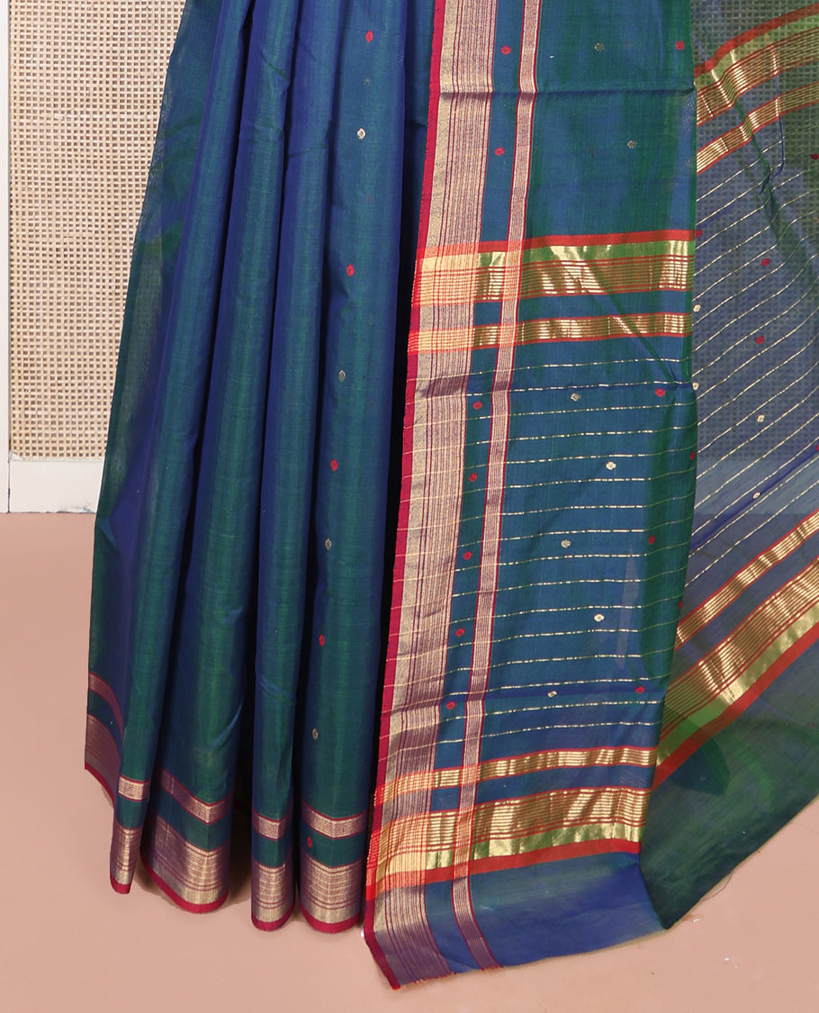 Blue Chanderi Cotton Saree, Showcasing Buttas All Over Its Body, Complemented by a Contrast Border, Pallu Steeped with Zari Stripes, and Paired with a Matching Blouse