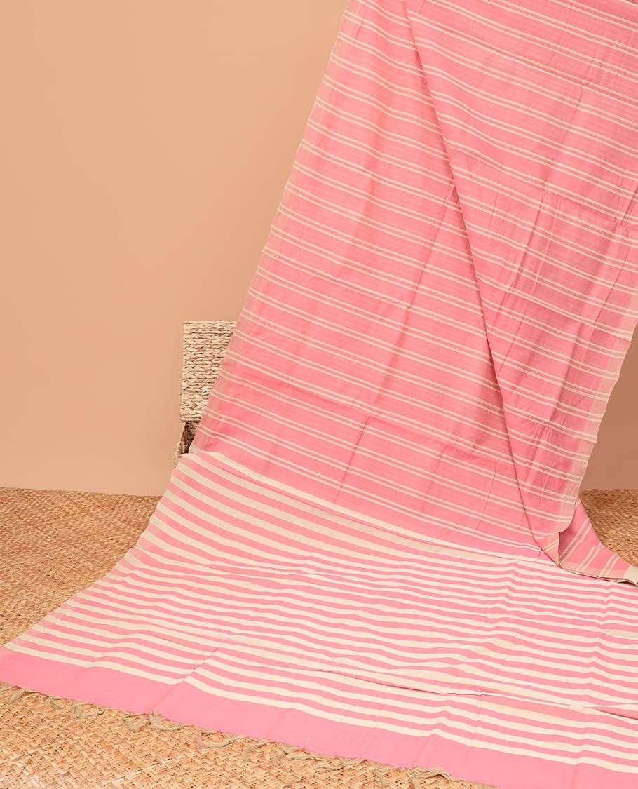 Borderless baby pink striped mangalagiri cotton saree & striped pallu