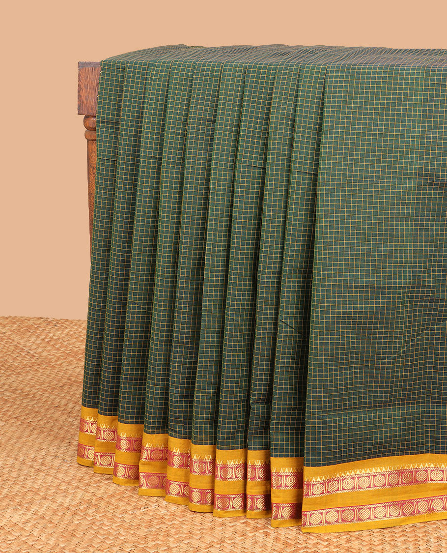 Green checked nine yards cotton saree with traditional zari design border & checked pallu