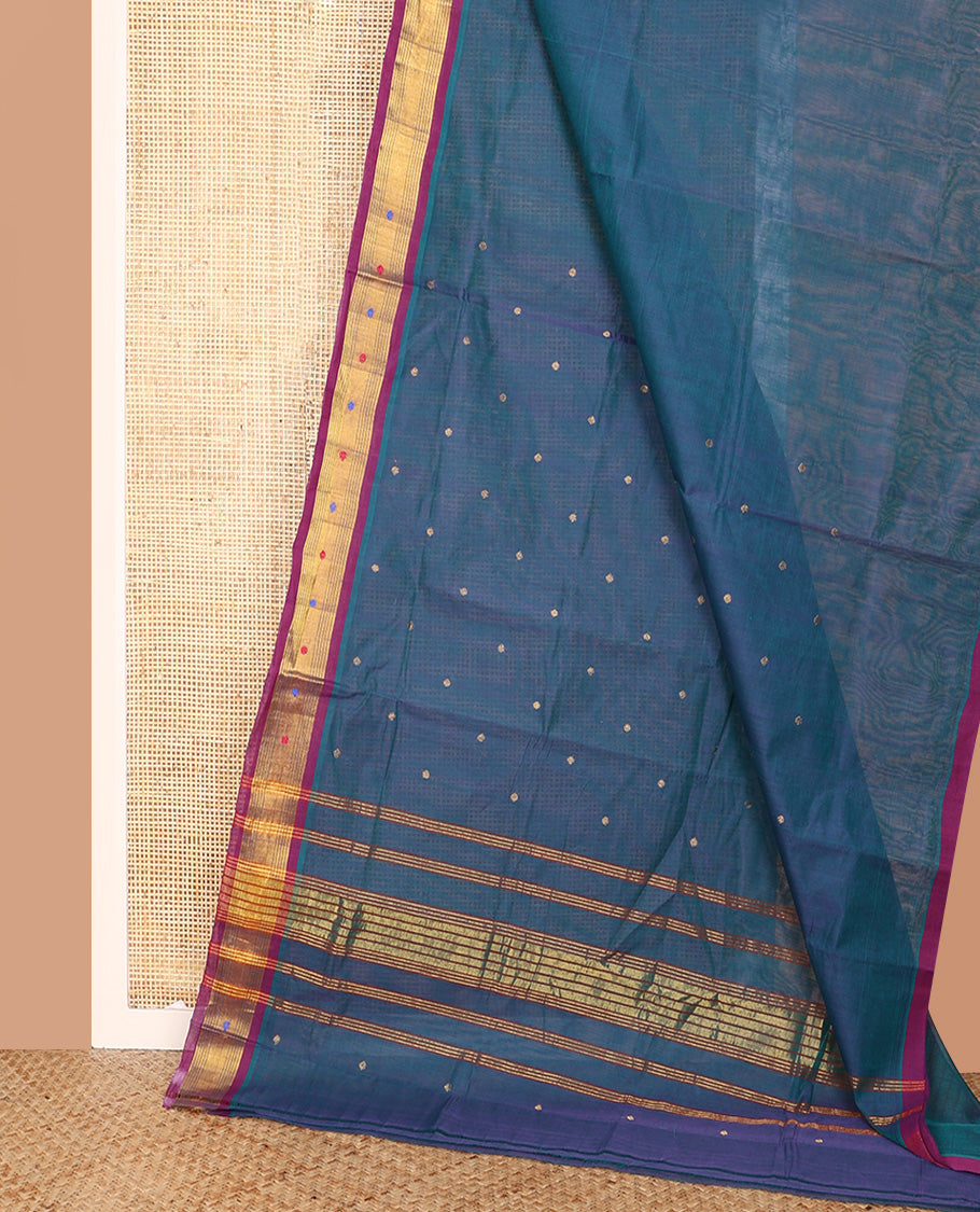 Blue Venkatagiri Cotton Saree, Accentuated with Buttas on Its Body, Complemented by a Contrast Zari and Thread Border, Zari-Striped Pallu, and Comes Without a Blouse