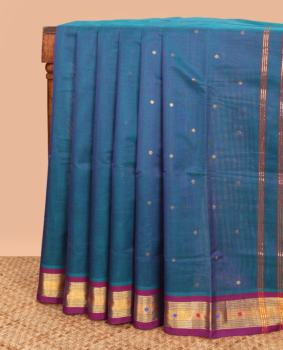 Blue Venkatagiri Cotton Saree, Accentuated with Buttas on Its Body, Complemented by a Contrast Zari and Thread Border, Zari-Striped Pallu, and Comes Without a Blouse