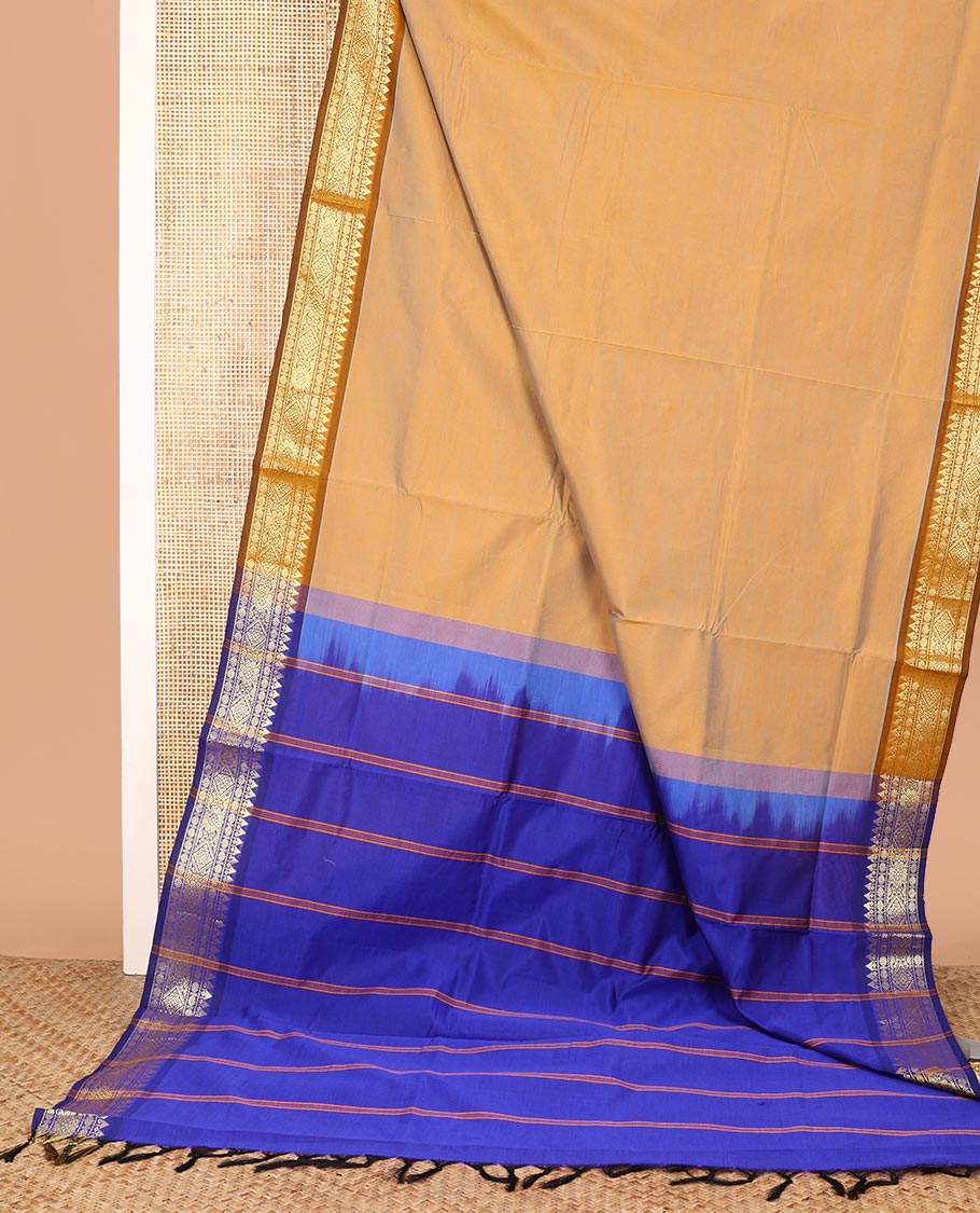 Sandal Plain Poly Cotton Saree, Complemented by a Contrast Temple Traditional Zari Designs Border, Pallu of Stripes, and Paired with a Contrast Blouse