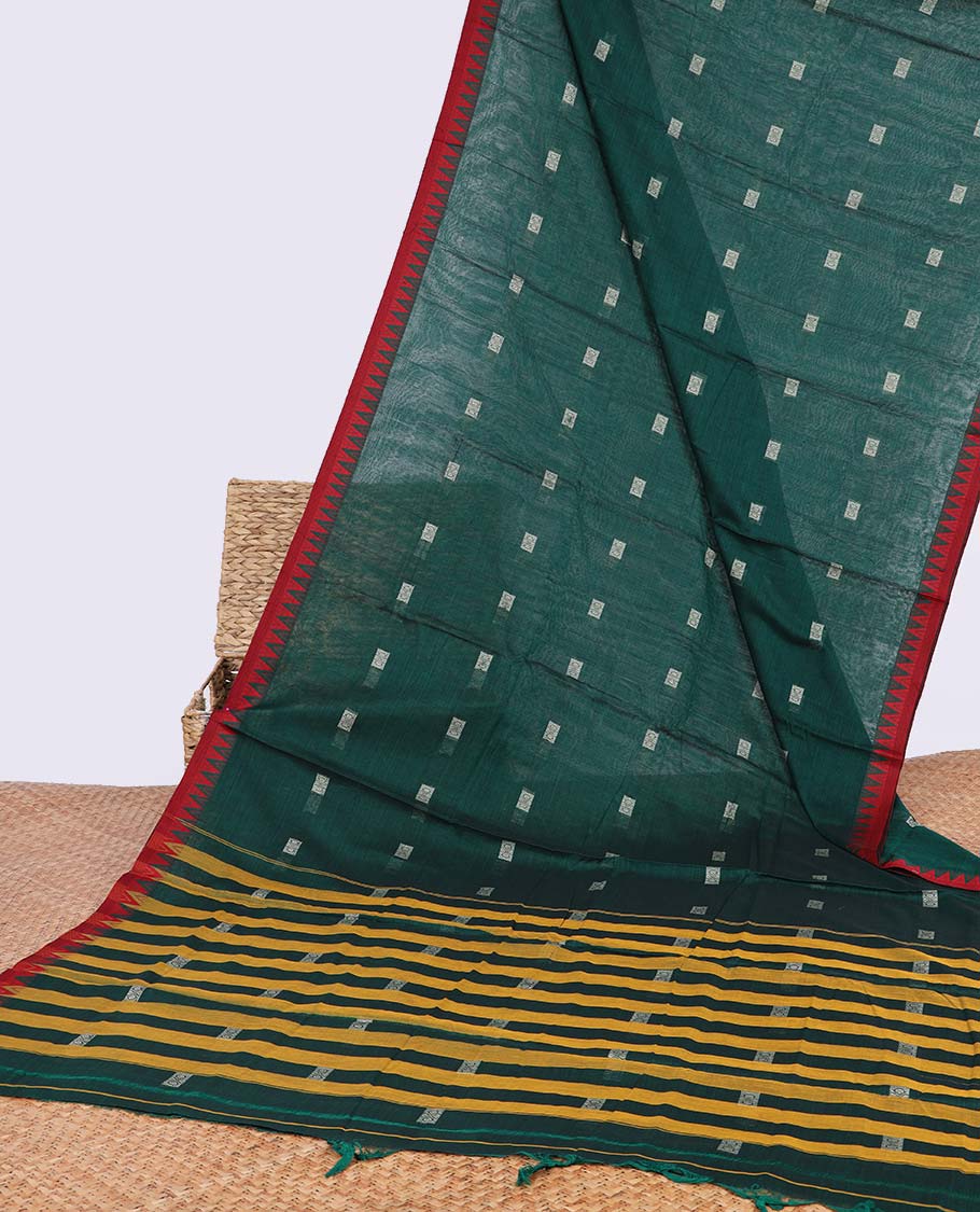 Green geometric motifs narayanapet cotton saree with contrast temple border & striped pallu