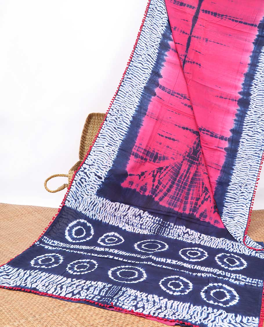 Pink shibori design mul mul cotton saree with contrast border & shibori style design pallu