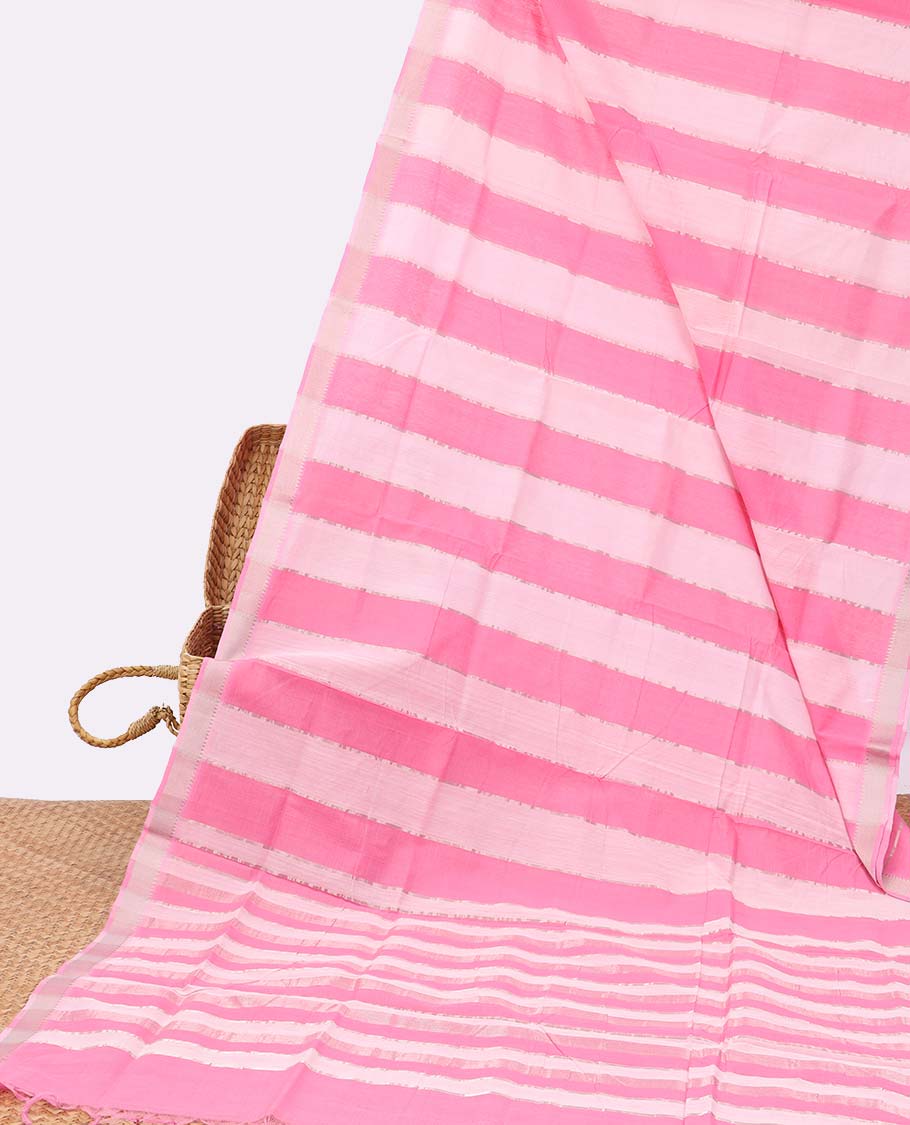 Pink striped mangalgiri cotton saree with contrast zari design border & striped zari design pallu