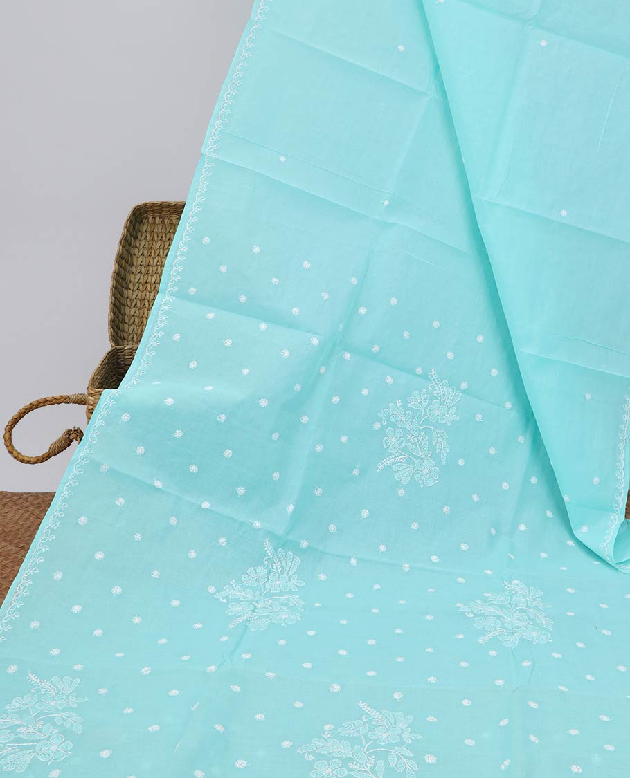 Blue flower embroidery lucknowi chikankari cotton saree scallop design border & floral embroidered pallu