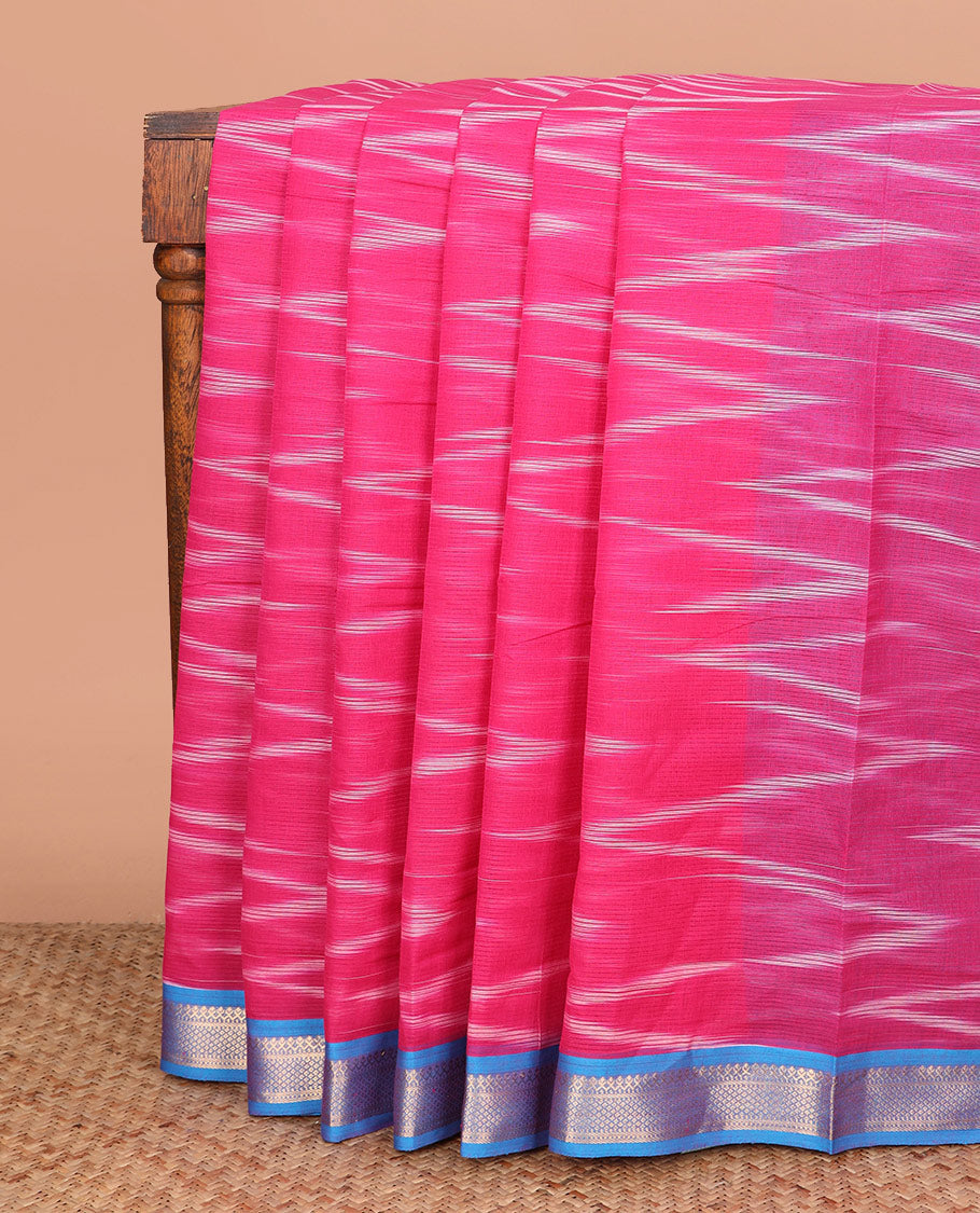 Pink Chevron Striped Mangalagiri Cotton Saree Complemented by Contrast Traditional Zari Design Border, and Pallu Featuring the Same Chevron Striped Design