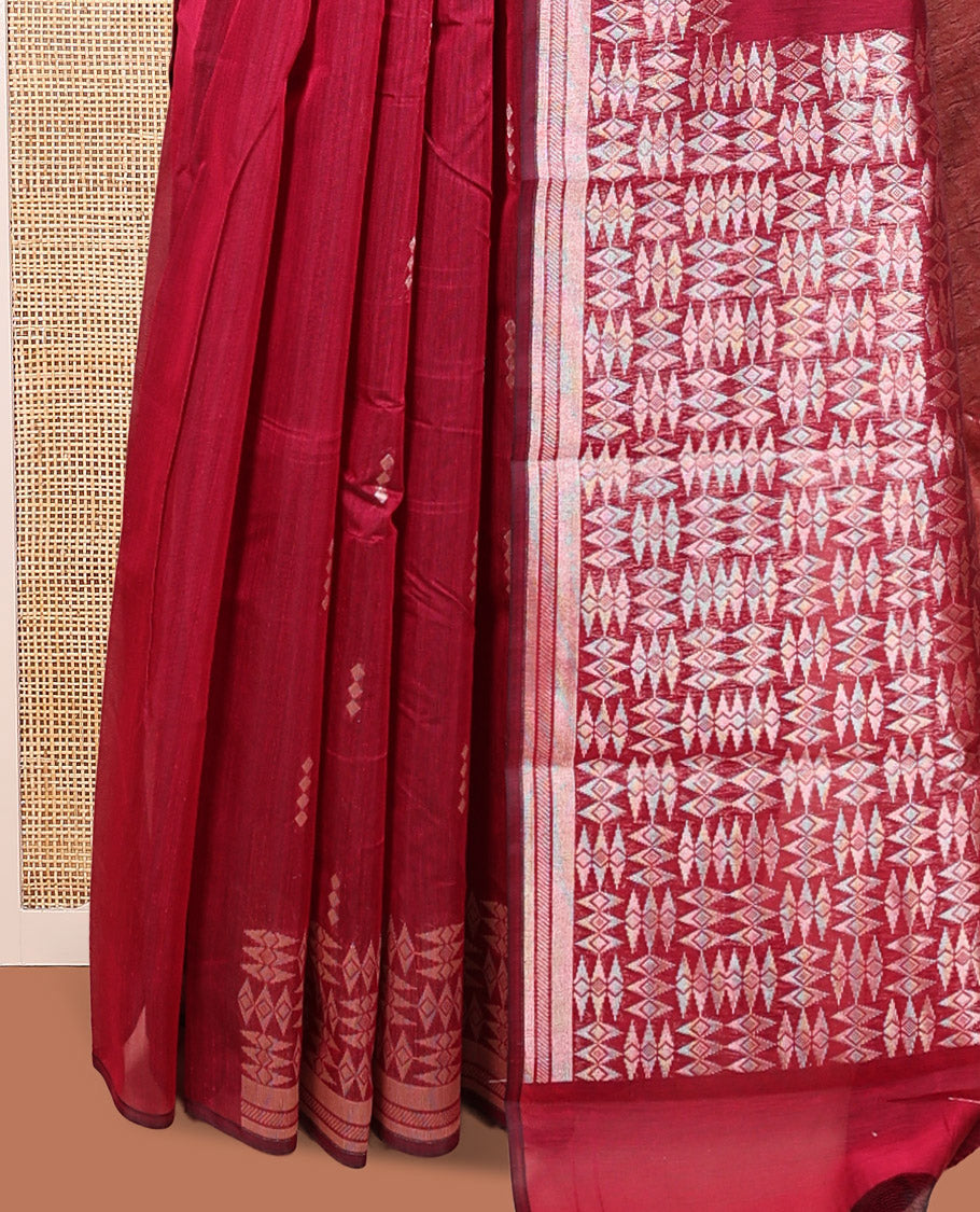 Red Semi-Silk Cotton Saree, Accentuated with Buttas All Over Its Body, Highlighted by a Zari Border of Geometric Designs, Pallu of Geometric Designs, and Paired with a Matching Blouse
