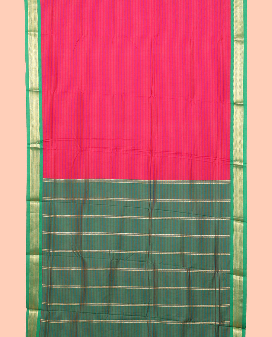 Pink Striped Nine Yard Cotton Saree, Complemented by Contrast Traditional Zari Border, Pallu of Stripes, and Comes Without a Blouse