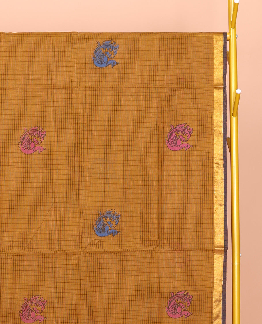 Mustard Venkatagiri Cotton Saree, Detailed with Peacock Buttas and Checks, a Contrast Traditional Zari Border, Pallu of Peacock Buttas and Stripes, and No Blouse