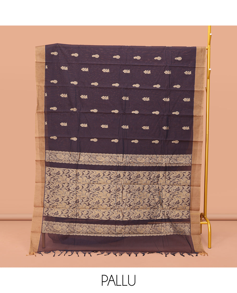 Brown Kanchi Cotton Saree, Spotlighted with Buttas on Its Body, Contrast Border, Pallu of Paisleys, and a Matching Blouse