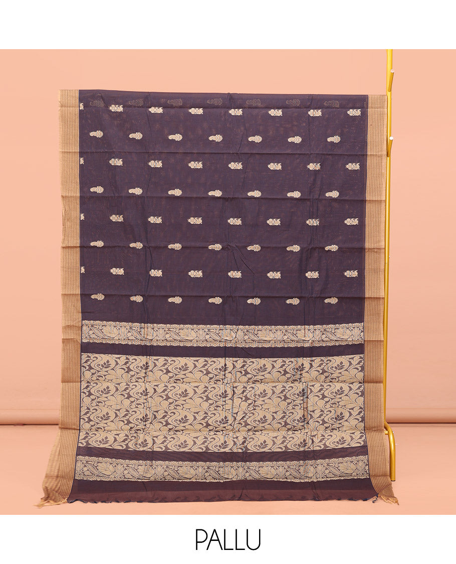 Brown Kanchi Cotton Saree, Ornamented with Buttas All Over Its Body, Complemented by Contrast Border, Paisley Design Pallu, and Paired with a Matching Blouse