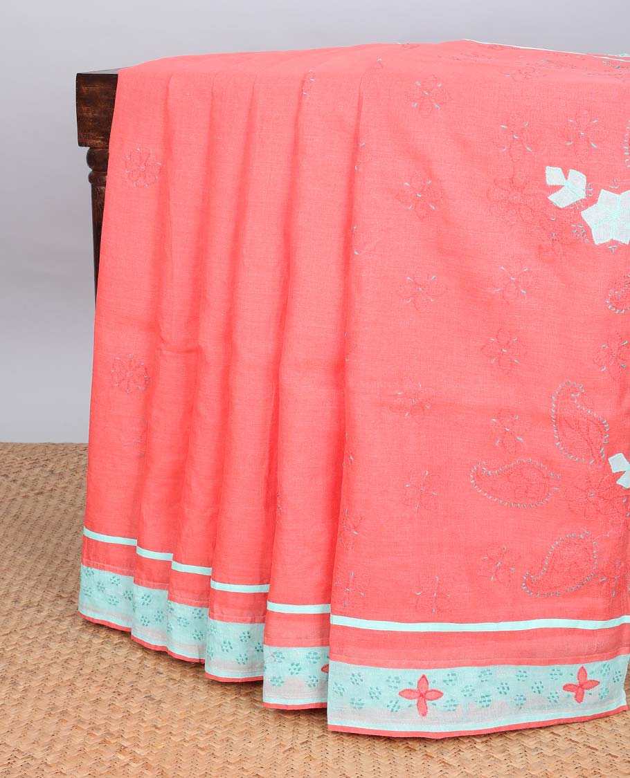 Pink floral embroidery lucknowi chikankari cotton saree,self scallop design border & pallu of floral, paisley embroidery