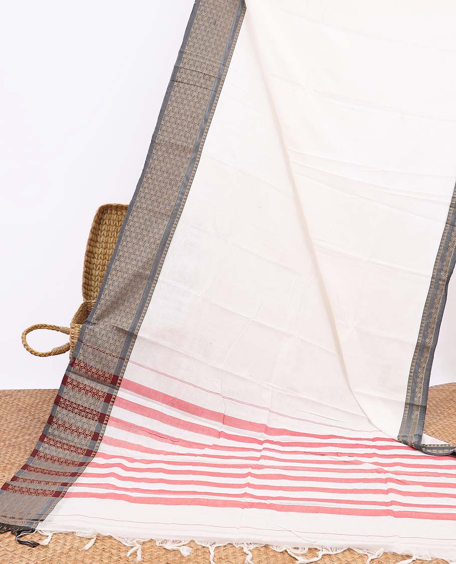 White narayanapet cotton saree, contrast argyle design border & pallu of stripes