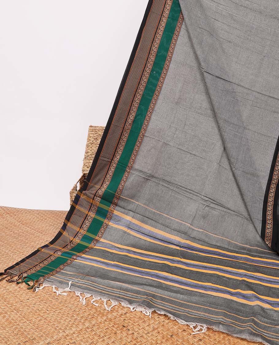 Gery narayanapet cotton saree with contrast intricate zari design border & striped pallu