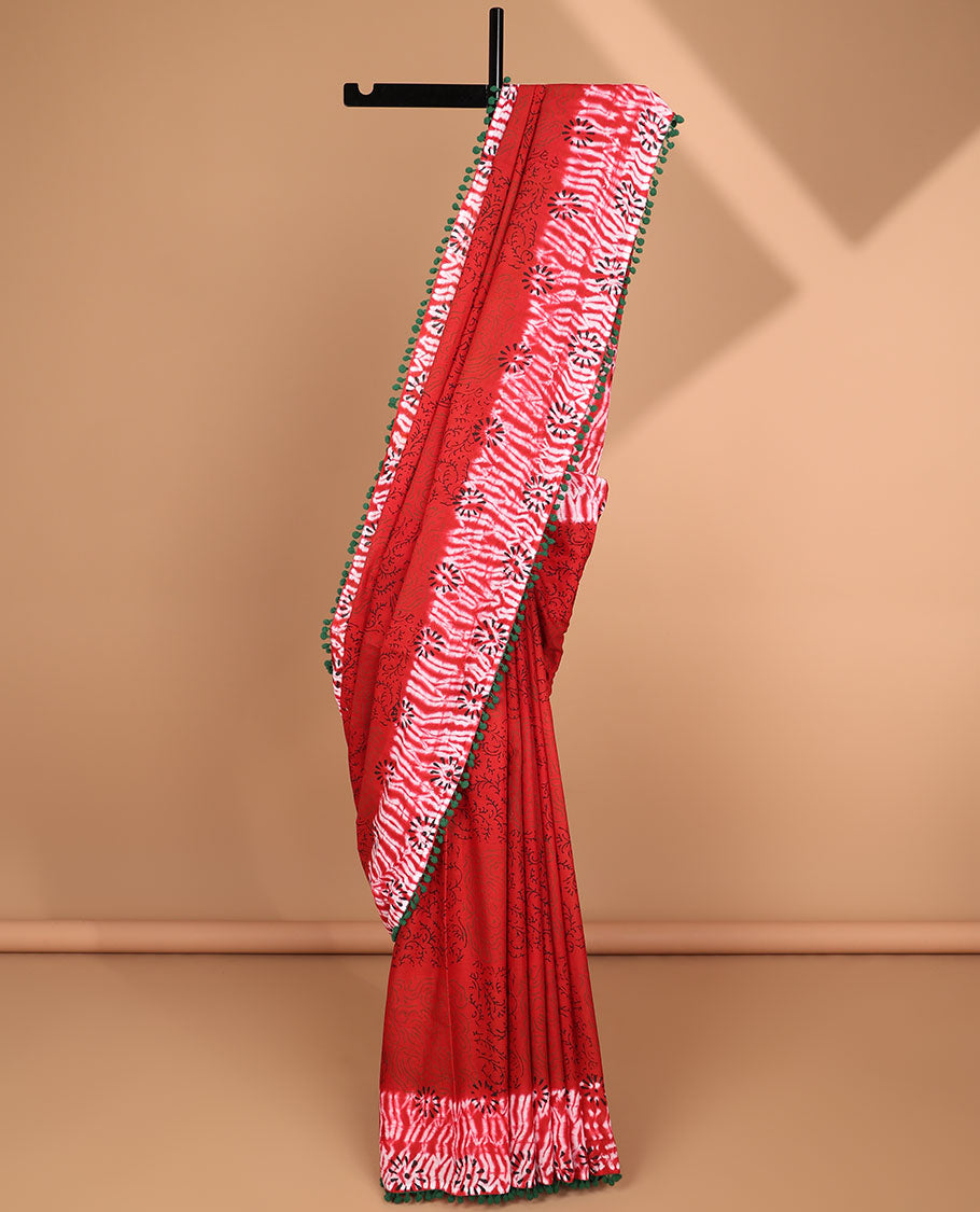 Red floral design mul mul cotton saree with contrast floral design border & intricate design pallu