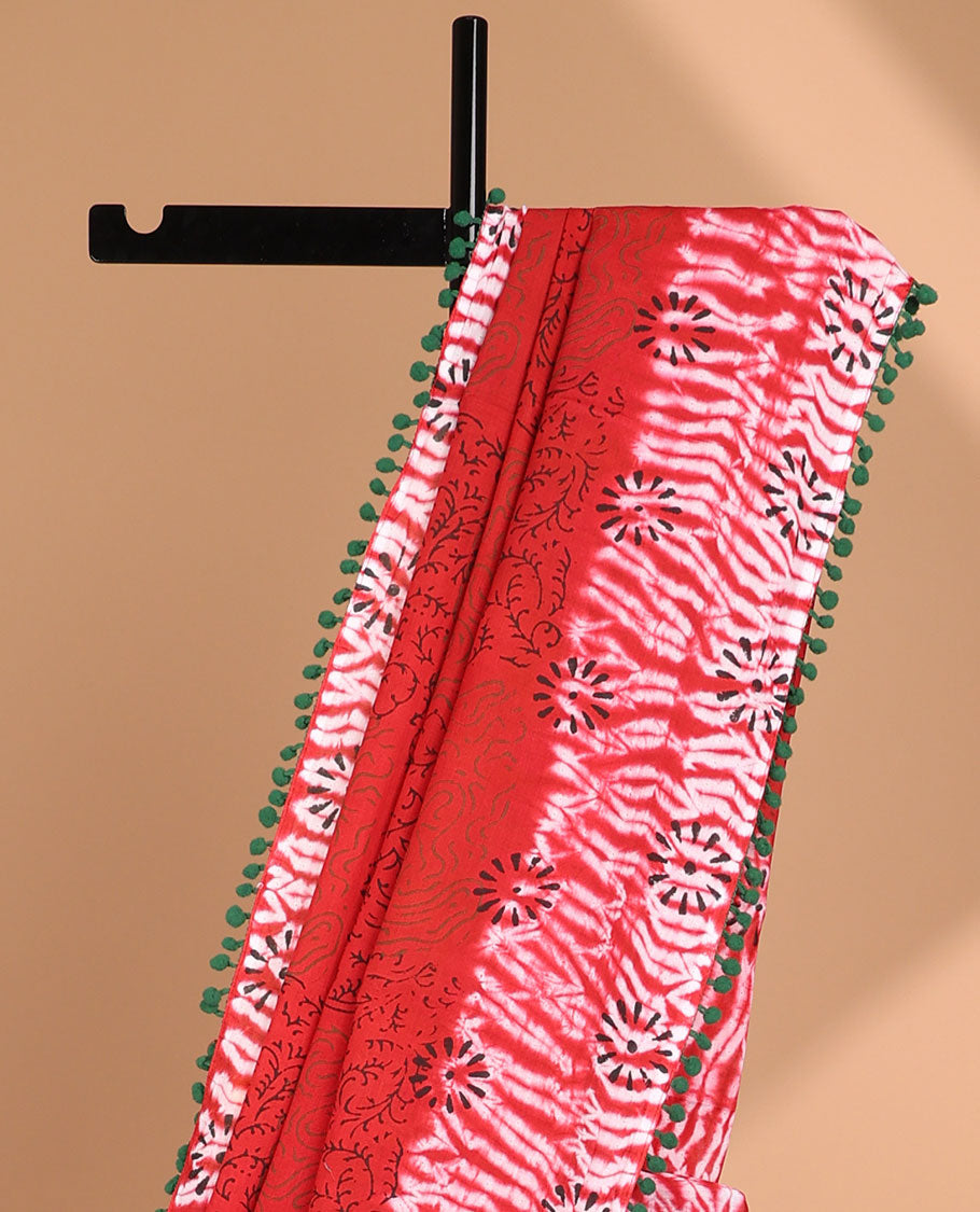 Red floral design mul mul cotton saree with contrast floral design border & intricate design pallu