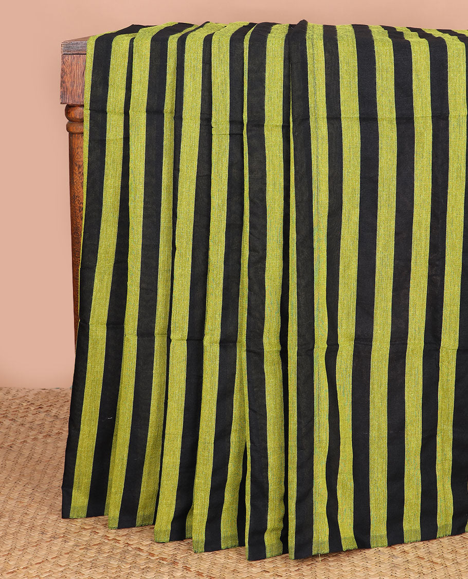 Borderless black & parrot green color striped Kadhi cotton saree, plain design pallu