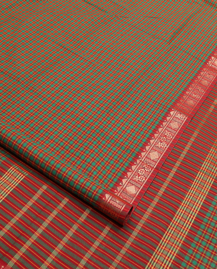 Multi-color checked nine-yard cotton saree, traditional motifs woven border, and striped pallu