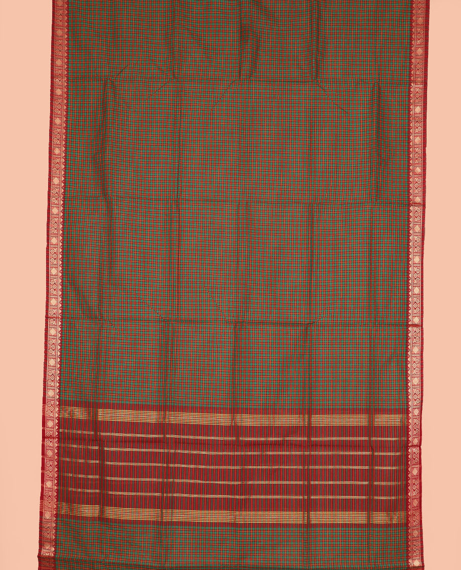 Multi-color checked nine-yard cotton saree, traditional motifs woven border, and striped pallu