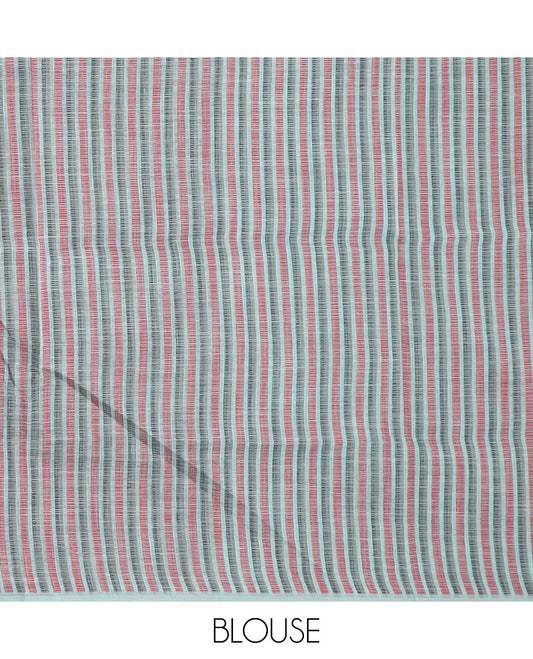 Borderless baby blue  striped and geometric buttas cotton saree, contrast geometric maze like printed pallu