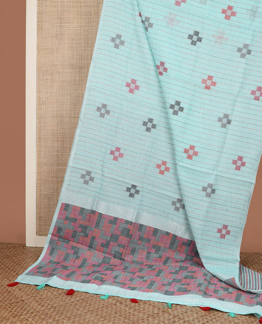 Borderless baby blue  striped and geometric buttas cotton saree, contrast geometric maze like printed pallu
