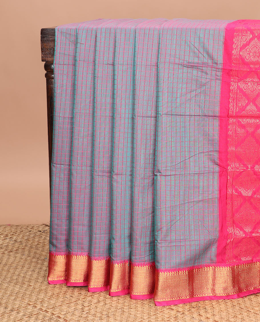 Blue dual-tone micro checked chirala cotton saree, contrast traditional zari border, and zari design pallu