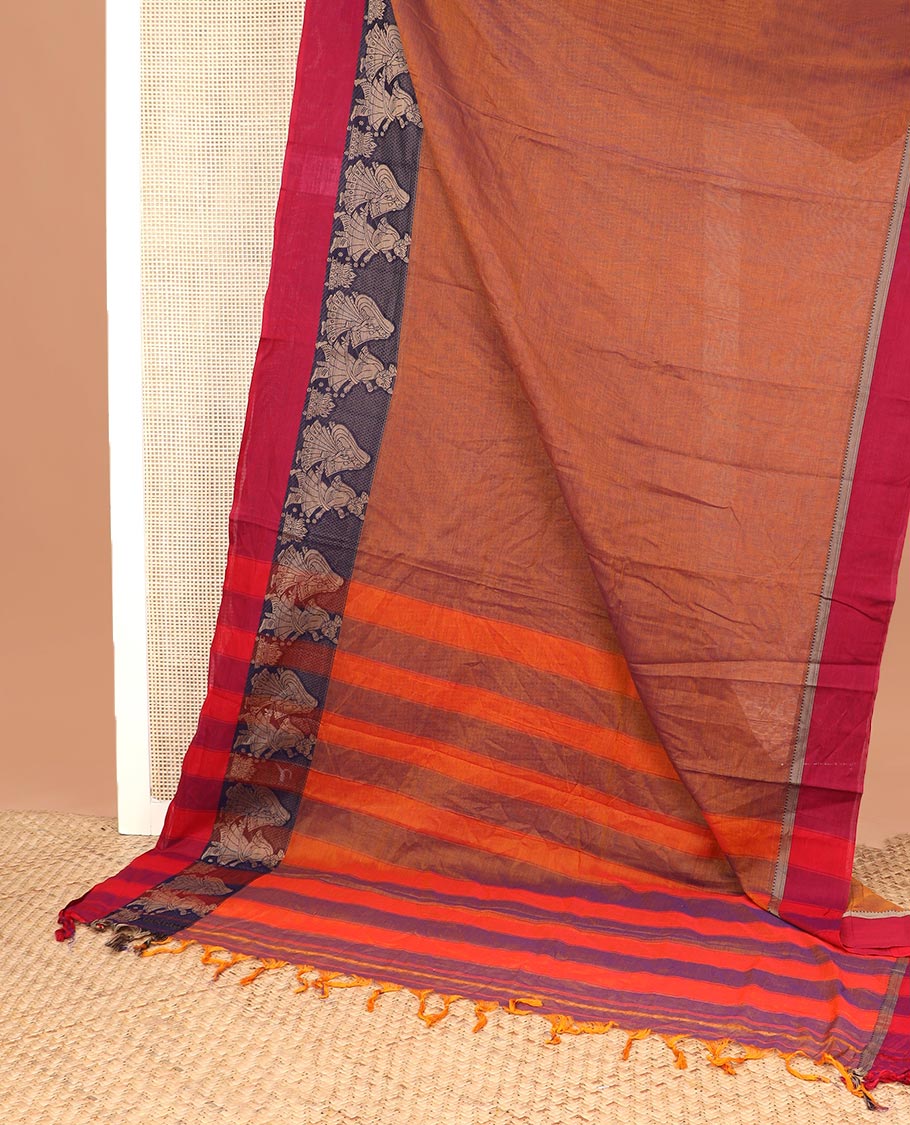 Honey color plain Narayanapet cotton saree, contrast wedding themed border, and striped pallu