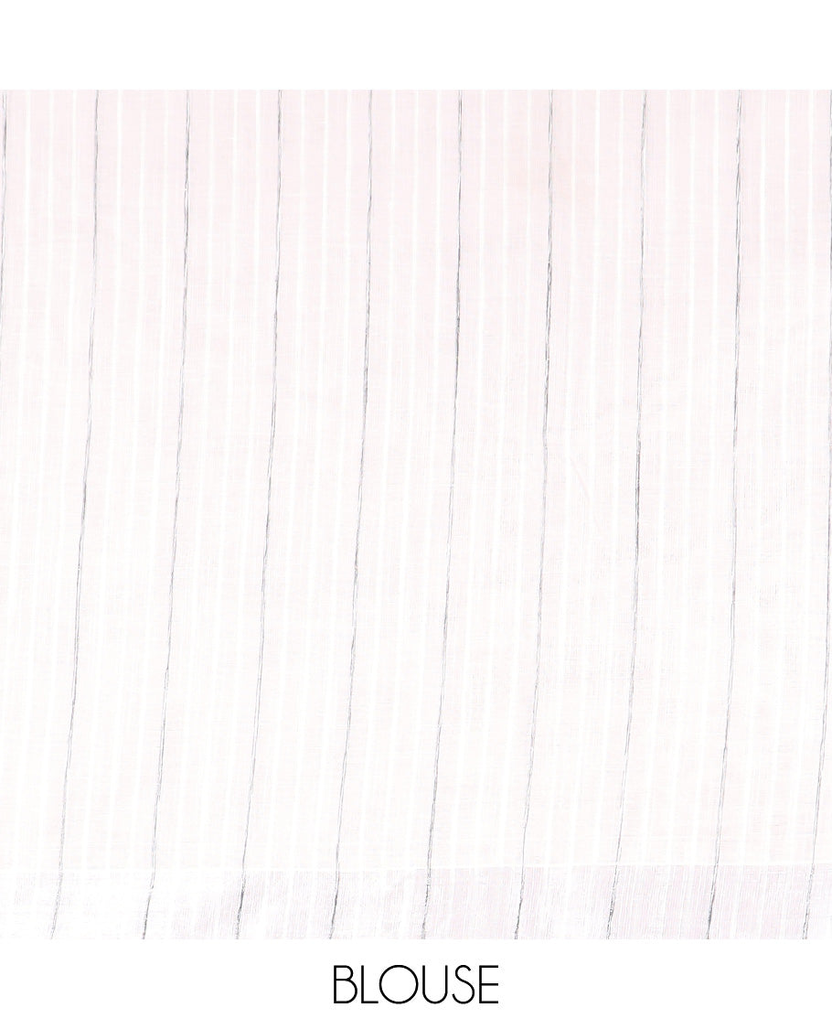 Pastel pink hand brushing style colorful floral printed jute cotton saree, zari with printed border, and striped pallu