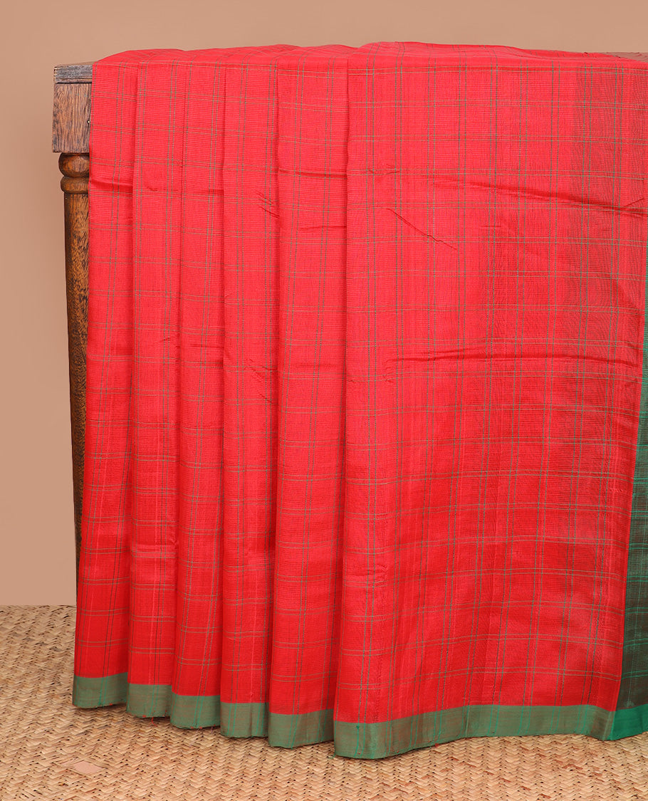 Red checked Mangalagiri Cotton saree, contrast border, and striped pallu