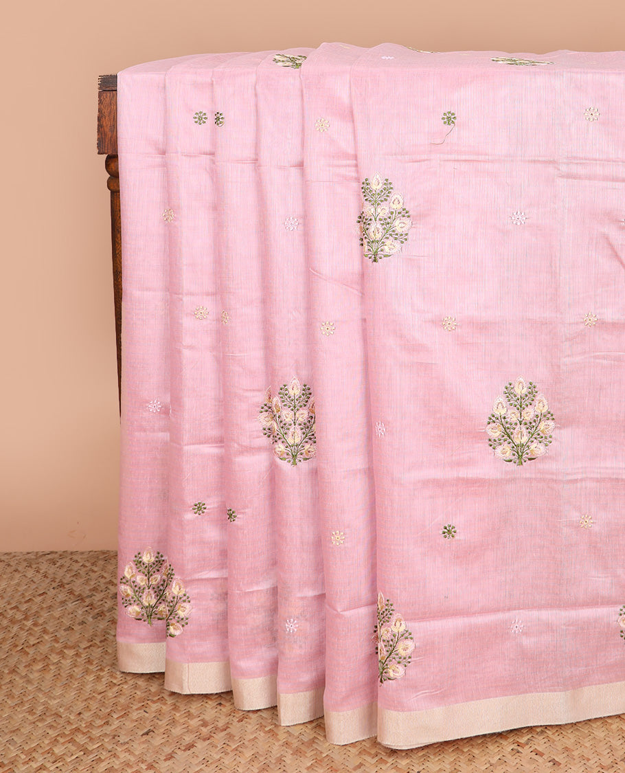 Pink checked with floral embroidered chirala cotton saree, plain border, and contrast striped pallu