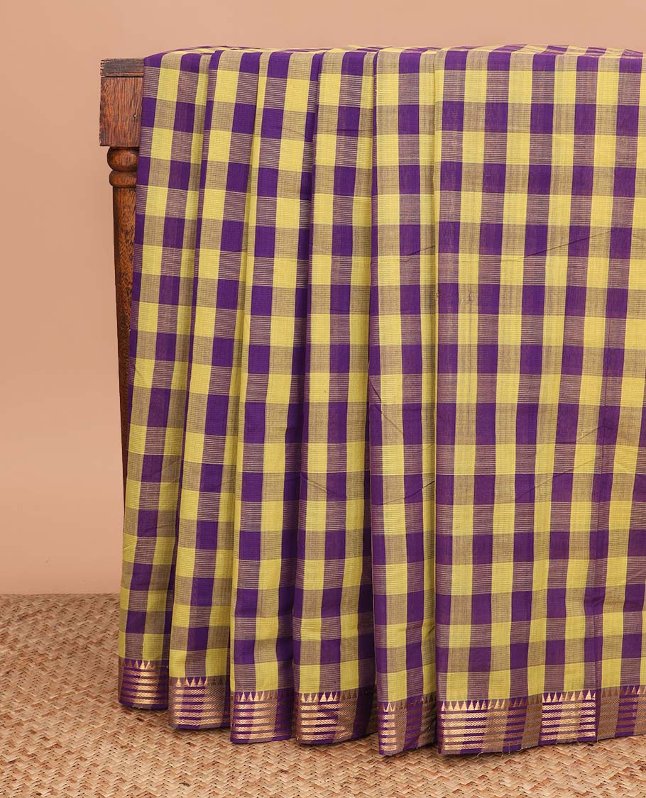 Multi-color checked Mangalagiri cotton saree, traditional zari border and zari striped pallu