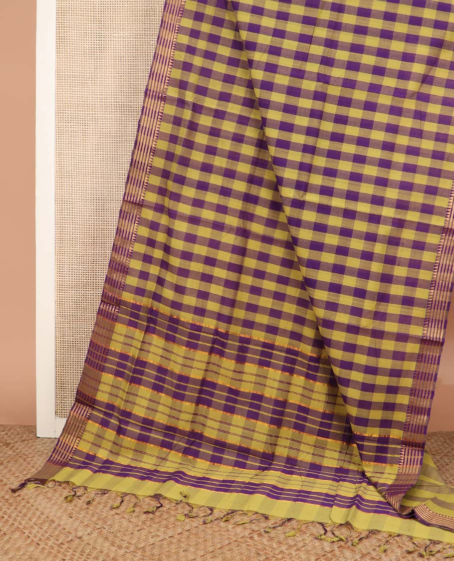 Multi-color checked Mangalagiri cotton saree, traditional zari border and zari striped pallu