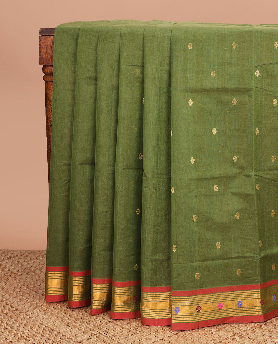 Green zari buttas Venkatagiri cotton saree, contrast zari and thread work border, and zari striped pallu