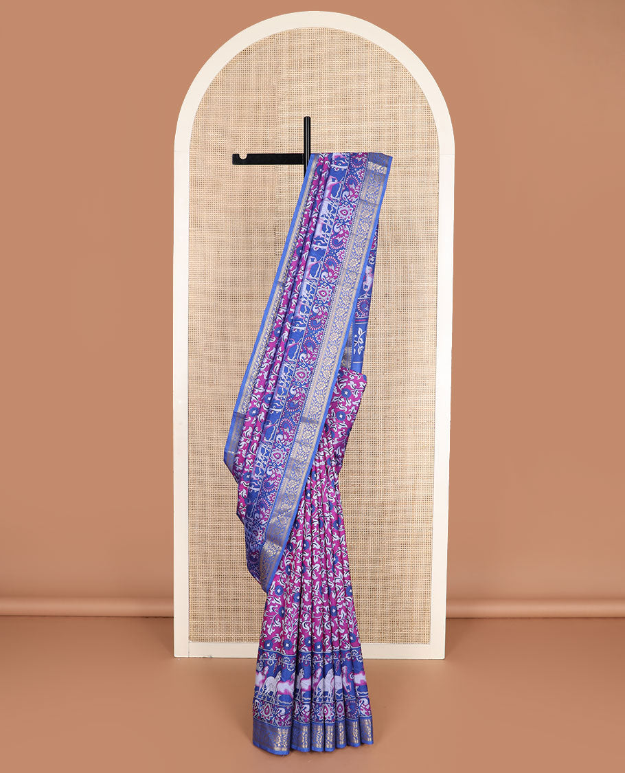 Purple floral vine patola silk saree, contrast traditional zari border and pallu of Pichwai cow and peacock motifs