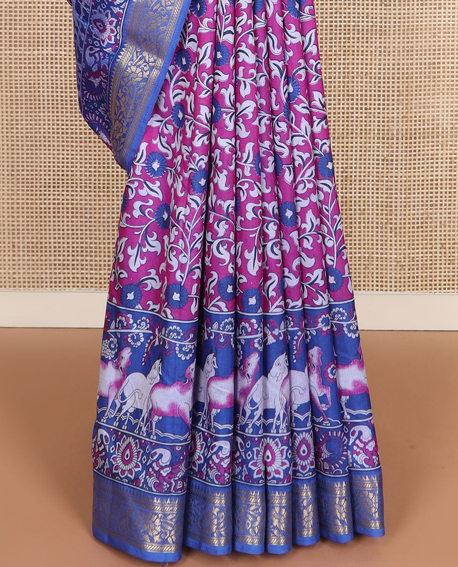 Purple floral vine patola silk saree, contrast traditional zari border and pallu of Pichwai cow and peacock motifs