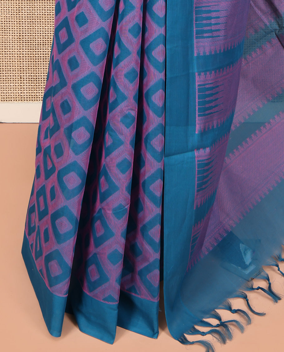 Blue Coimbatore Cotton Saree, Accentuated with Geometric Design on Its Body, a Subtle Plain Border, Pallu of Temple Patterns, and Paired with Matching Blouse