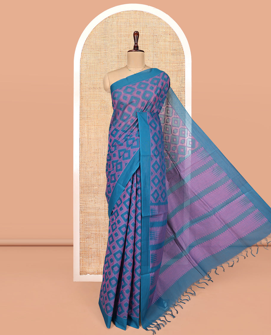 Blue Coimbatore Cotton Saree, Accentuated with Geometric Design on Its Body, a Subtle Plain Border, Pallu of Temple Patterns, and Paired with Matching Blouse