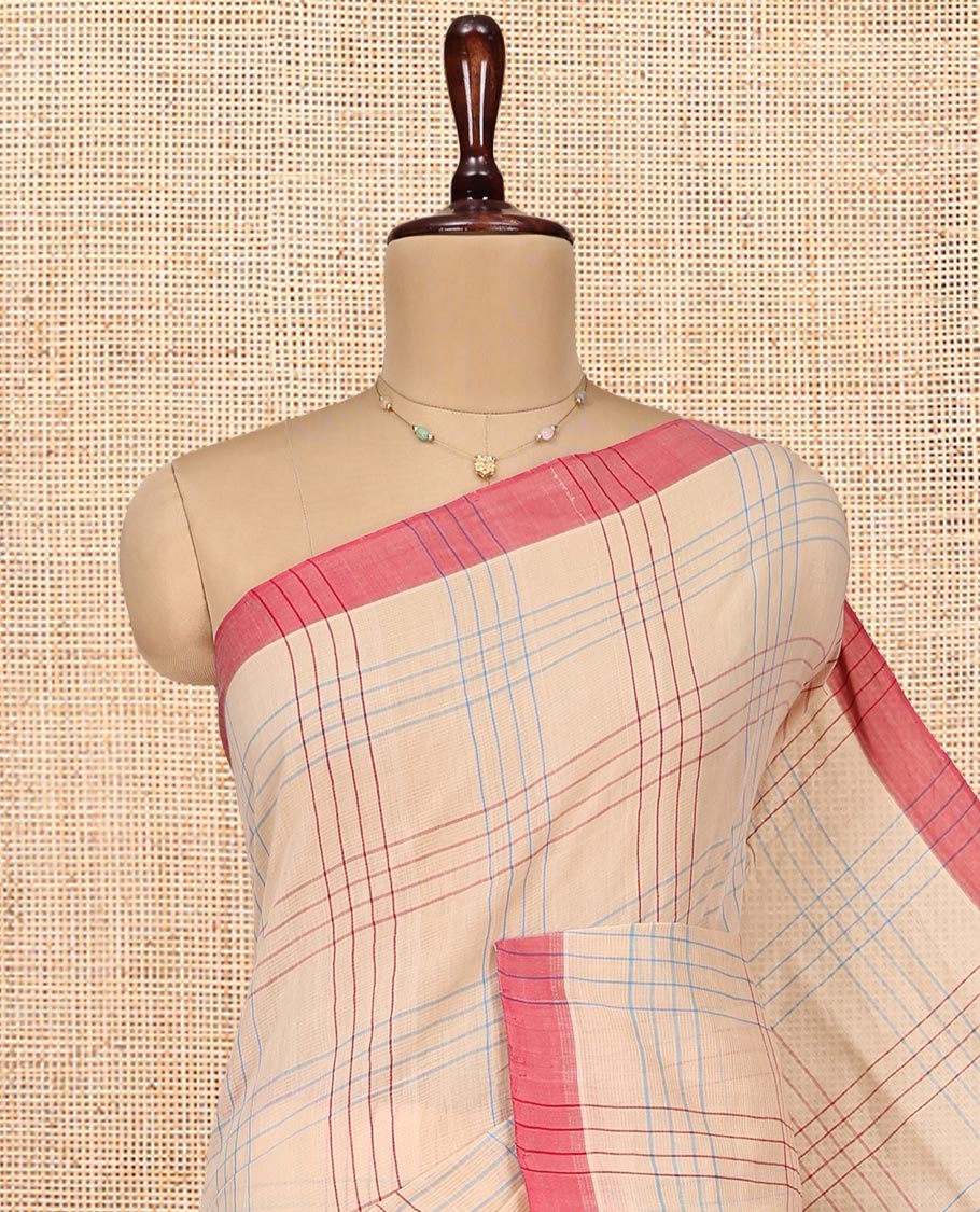 Sandal Checked Mangalgiri Cotton Saree, Complemented by Contrast Border, Striped Pallu, and Paired with a Contrast Blouse
