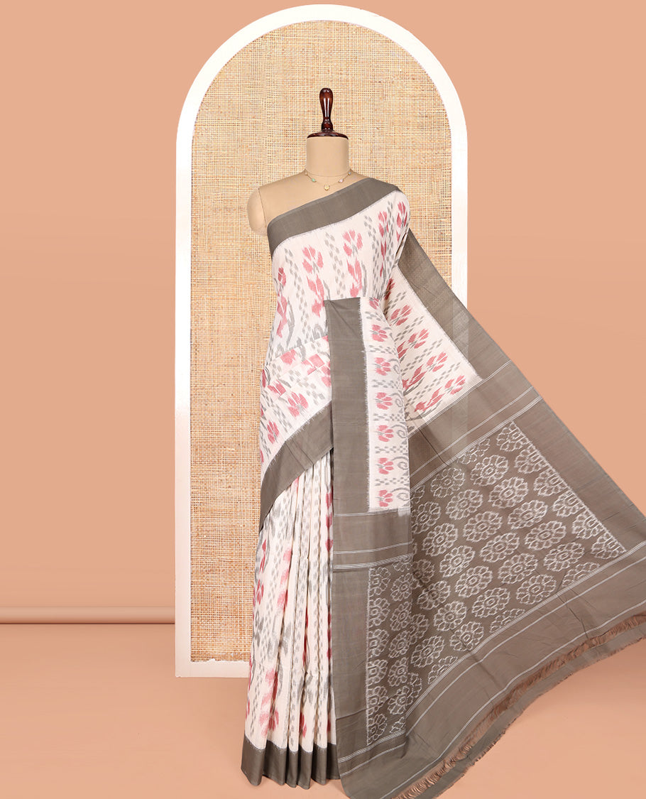 Off-White Ikkat Cotton Saree, Decked Up with Ikkat-Style Floral Design All Over Its Body, Complemented by a Contrast Border, Pallu of Flower Patterns, and Paired with a Contrast Blouse