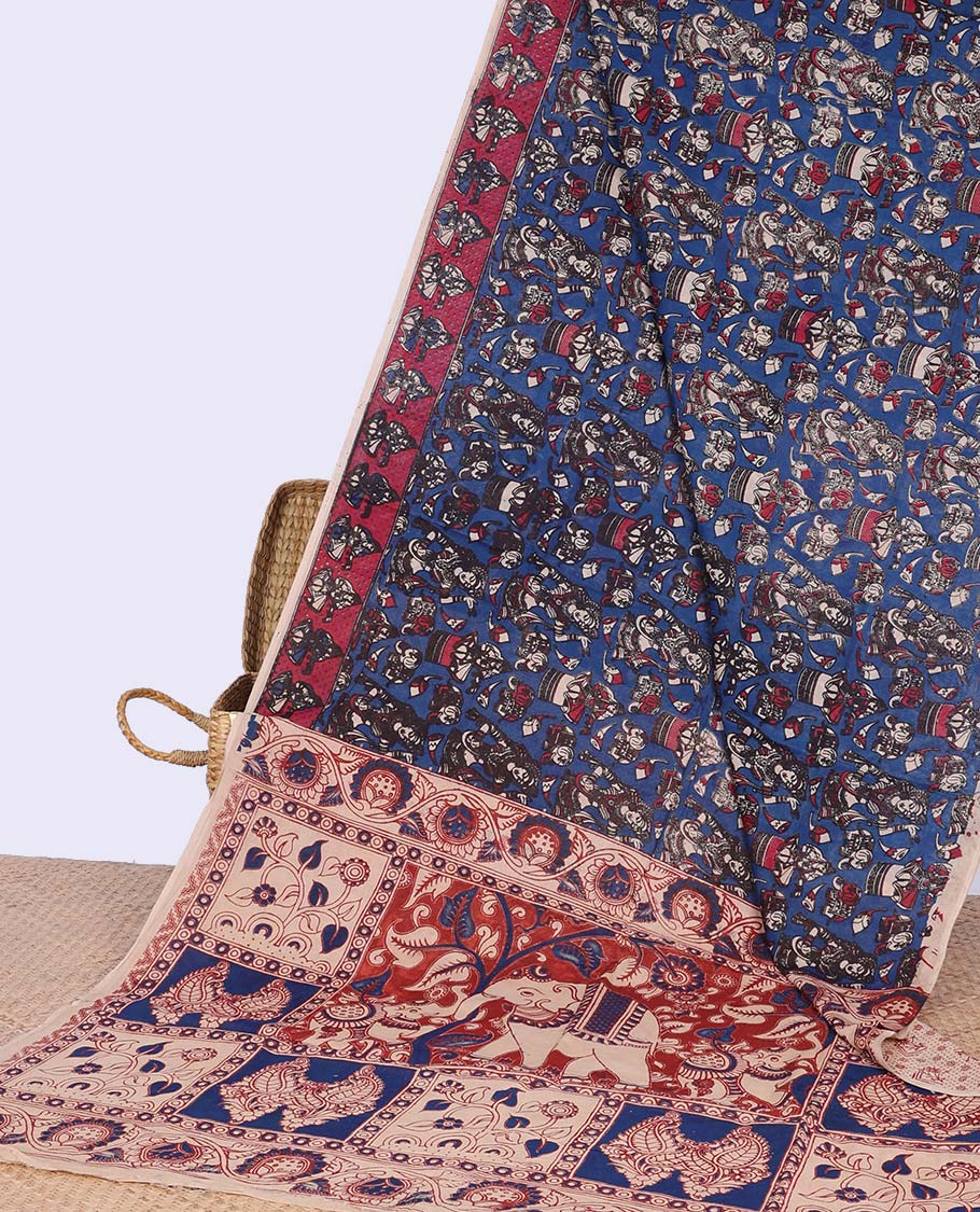 Blue human motifs machine-printed kalamkari cotton saree with contrast border & animal with paisley motifs pallu