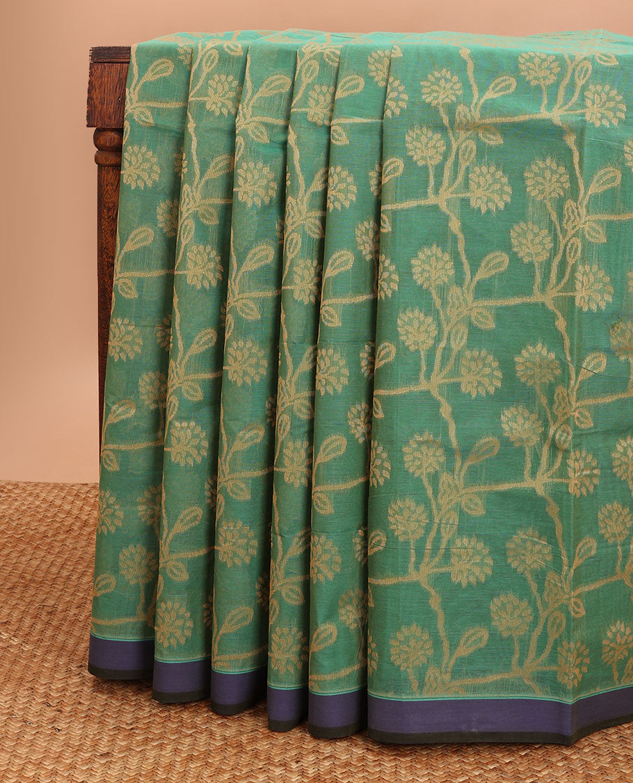 Green all-over floral vine design coimbatore cotton saree with contrast plain border