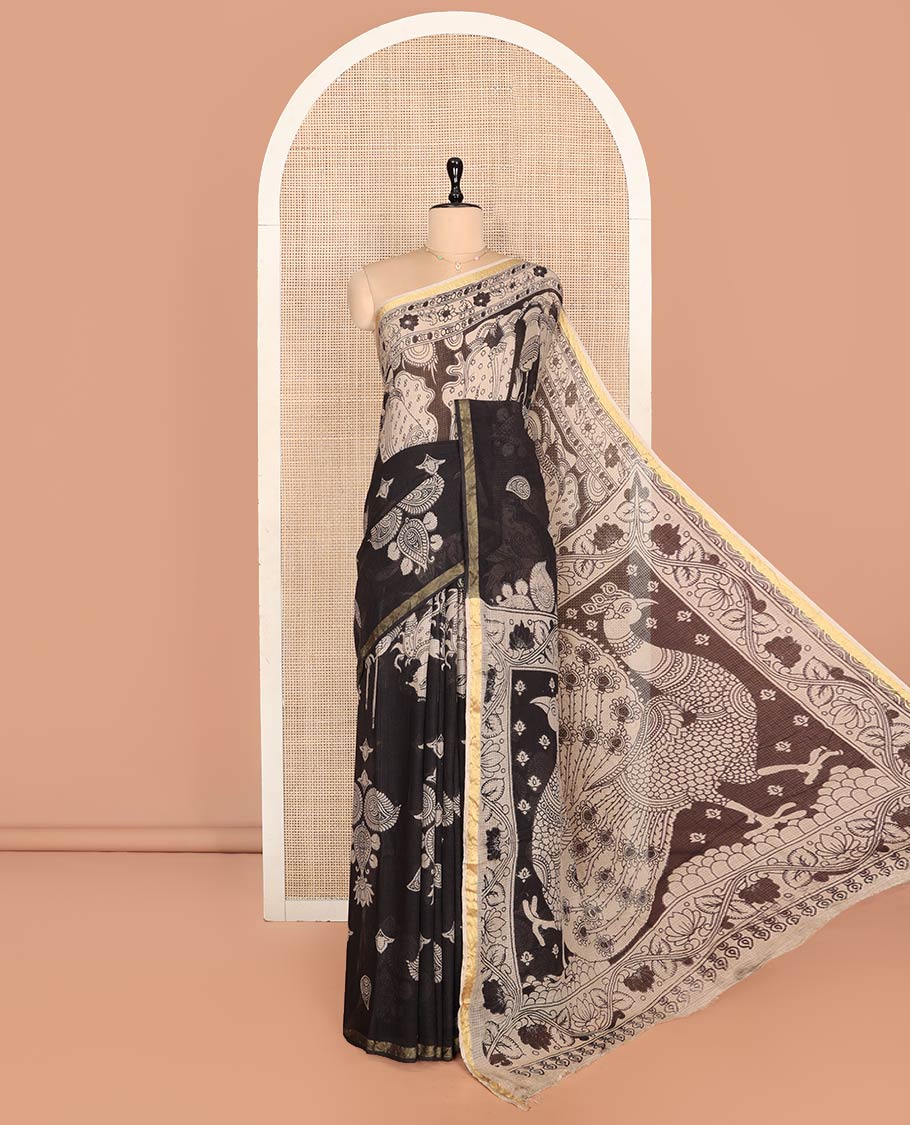 Black Machine-Printed Kalamkari Cotton Saree Features Human and Intricate Motifs, a Piping Border, Pallu of Peacock, and a Matching Blouse