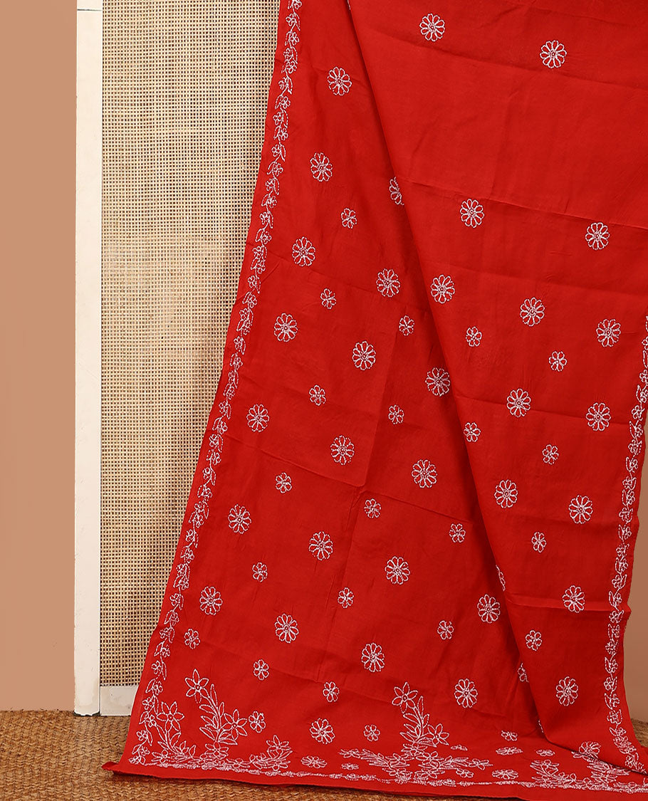 Red floral thread embroidered buttas Lucknowi chikankari saree, floral creeper thread embroidered border, and floral embroidered pallu