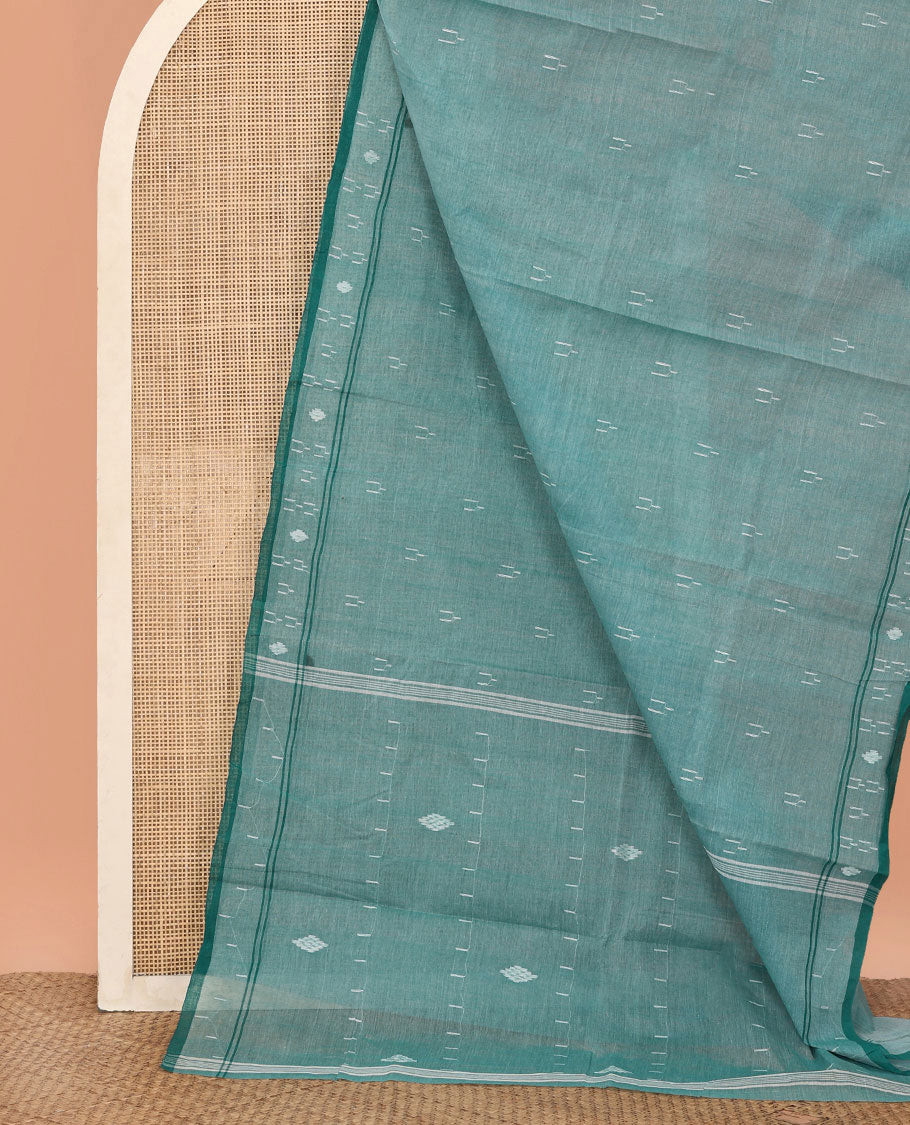Green Bengal Cotton Saree Delicately Woven with Temple Thread Buttas, a Self-Border, Self-Pallu, and No Blouse