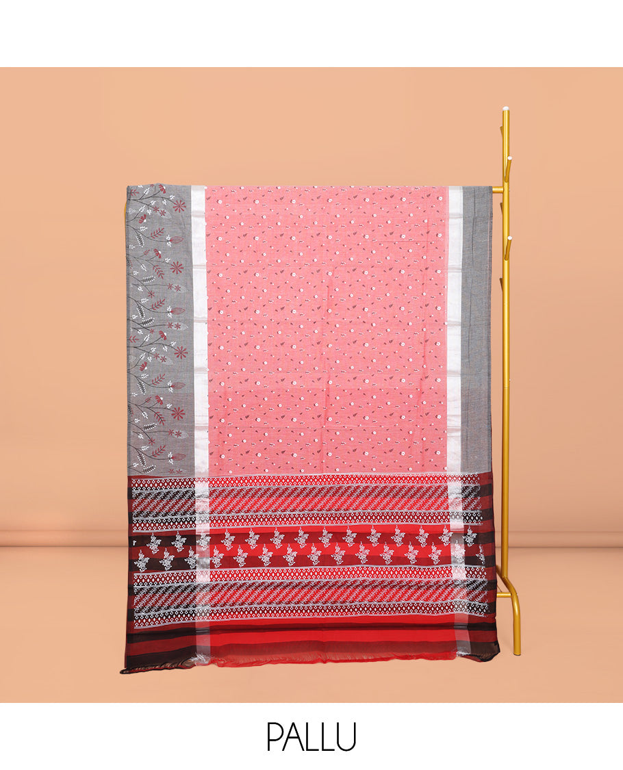 Red Chirala Cotton Saree, Adorned with Buttas, a Contrast Floral Border, Printed Pallu, and a Contrast Blouse