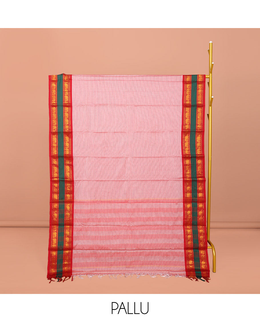 Pink Striped Narayanpet Cotton Saree, Complemented by a Contrast Traditional Design Rettai Pettu Border, Striped Pallu, and Comes Without a Blouse