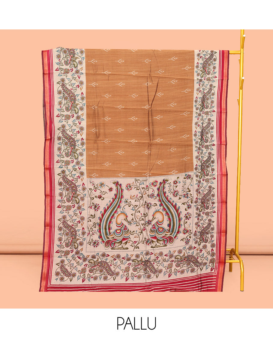 Brown Mul Mul Cotton Saree, Gracefully Embellished with Ikat Buttas, Contrast Kalamkari Floral-Peacock Border, Kalamkari Printed Pallu, and a Contrast Blouse