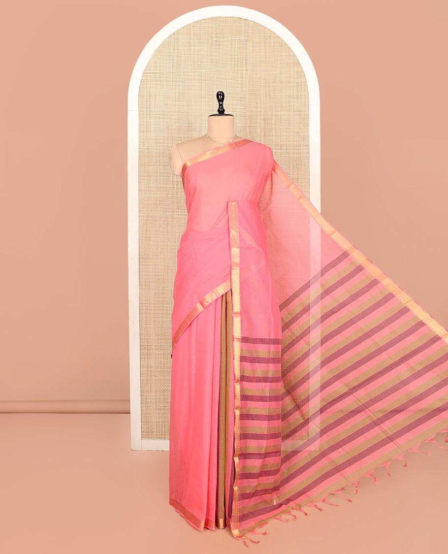 Pink Plain Andhra Cotton Saree, Highlighted by a Temple Zari Border, Contrast Striped Pallu, and a Contrast Blouse