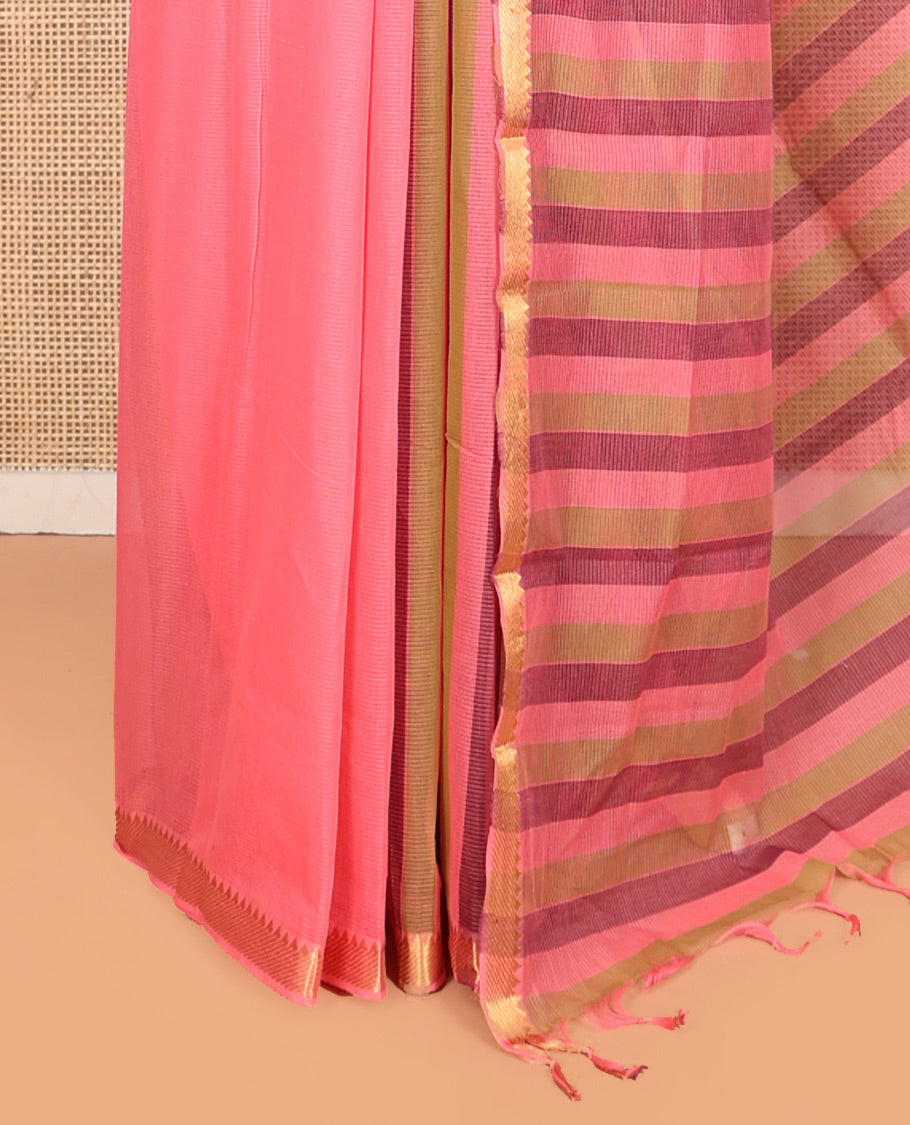 Pink Plain Andhra Cotton Saree, Highlighted by a Temple Zari Border, Contrast Striped Pallu, and a Contrast Blouse